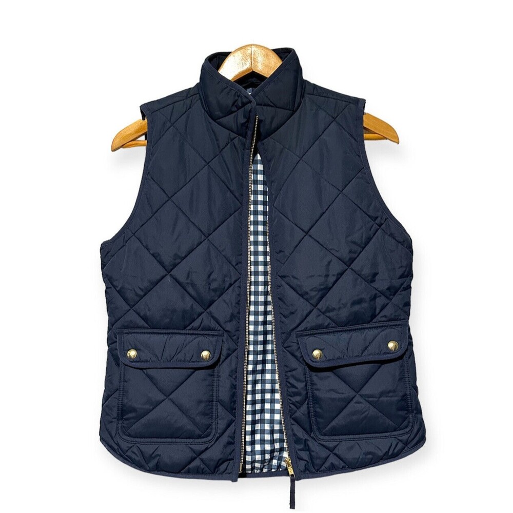 J.CREW Size S Navy Blue Quilted Puffer Vest Check Gingham Lined